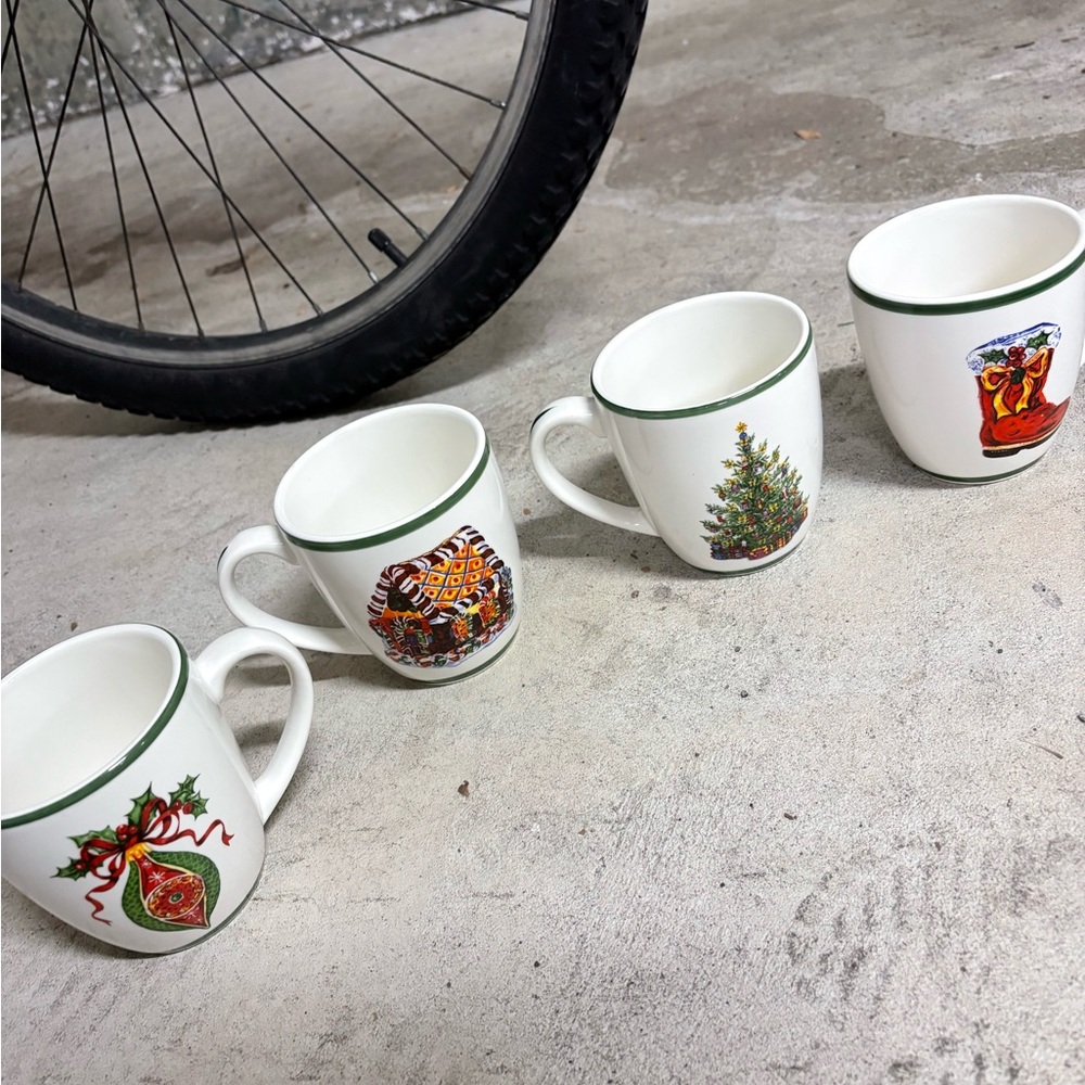 4 CHRISTOPHER RADKO Festive White Ceramic Holiday Mugs with Green Trim - l
